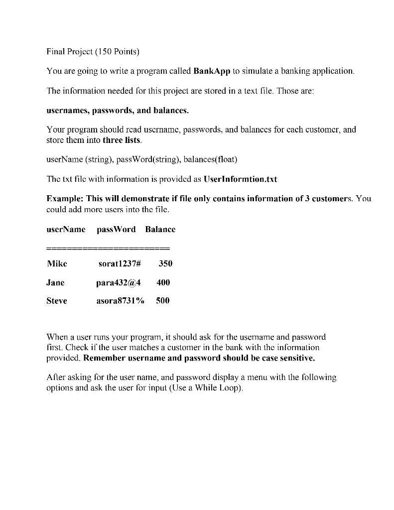 Solved Final Project (150 Points) You are going to write a | Chegg.com