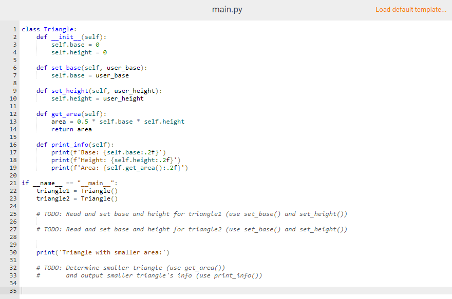 Solved Given class Triangle, complete the program to read | Chegg.com