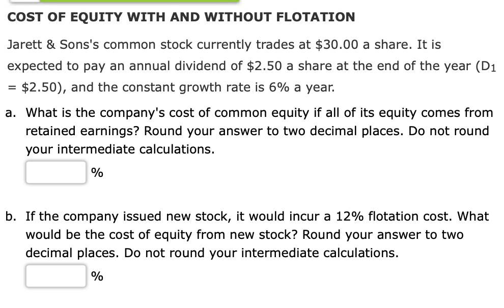 Solved COST OF EQUITY WITH AND WITHOUT FLOTATION Jarett & | Chegg.com