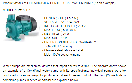 Water pump best sale specification