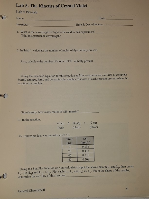 Lab 5. The Kinetics of Crystal Violet Lab 5 Pre-lab | Chegg.com