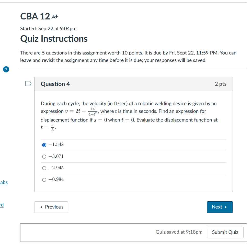 Solved Started: Sep 22 at 9:04pm Quiz Instructions There are | Chegg.com