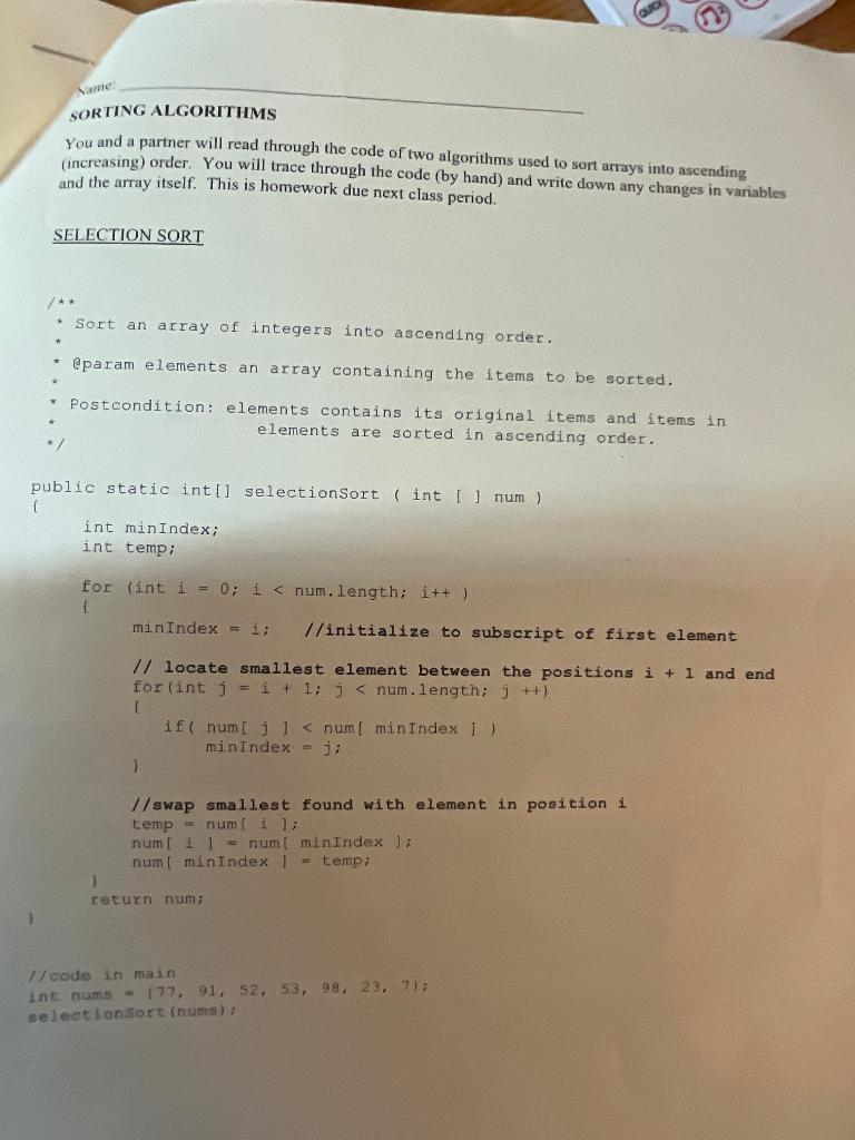 Solved Мате SORTING ALGORITHMS You and a partner will read | Chegg.com