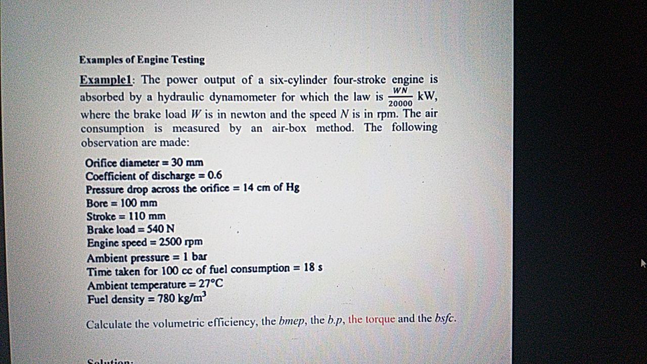Solved Examples of Engine Testing WN 20000 Examplel The
