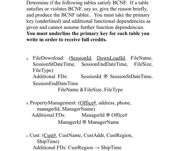 Solved Determine if the following tables satisfy BCNF. If a | Chegg.com