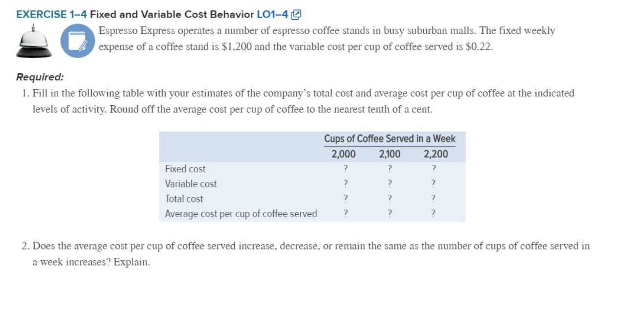Solved EXERCISE 14 Fixed and Variable Cost Behavior L0149