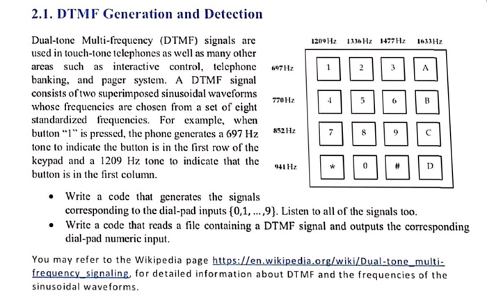 Solved 2.1. DTMF Gencration and Detection Dual-tonc | Chegg.com