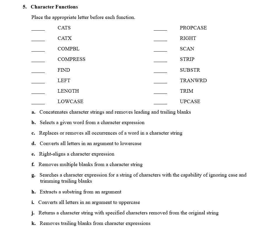 Solved 5. Character Functions Place the appropriate letter | Chegg.com