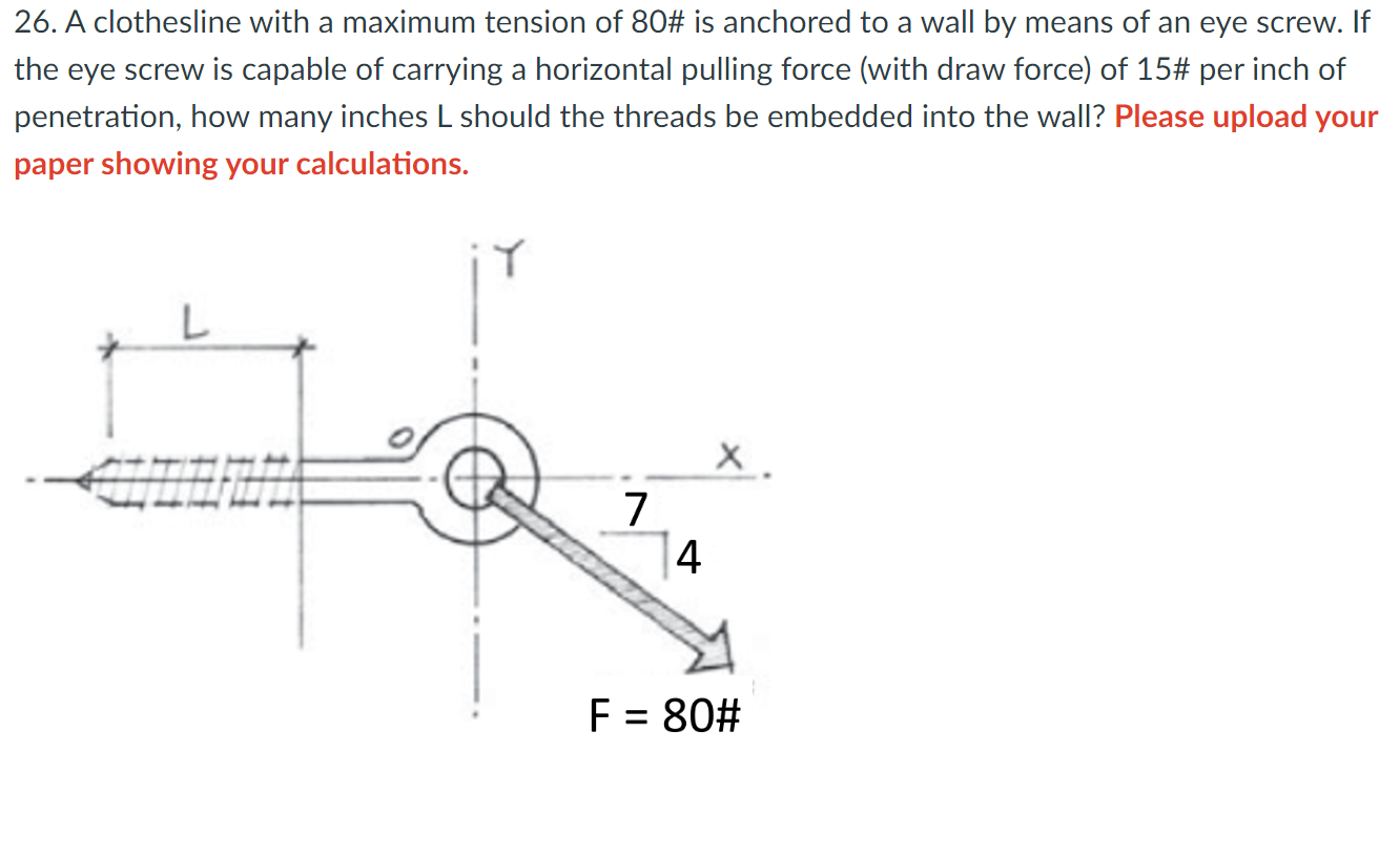 Solved 26. A clothesline with a maximum tension of 80# is | Chegg.com