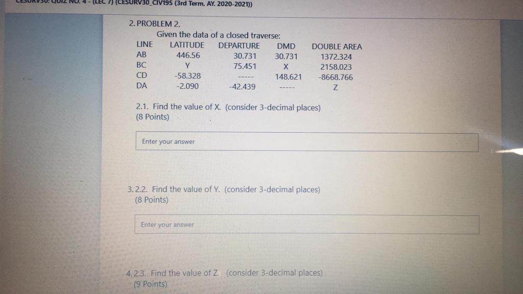 Solved QUIZ NO. 4- (LE SURV30_CIV195 (3rd Term. AY. | Chegg.com