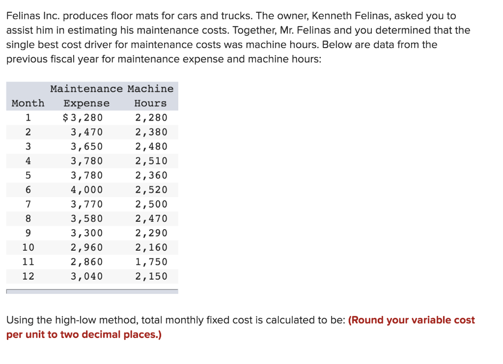 Solved Felinas Inc. produces floor mats for cars and trucks.