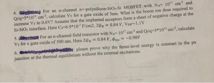 Solved 4. eslektím) For an n-channel n+-polysilicon-SiO2-Si | Chegg.com