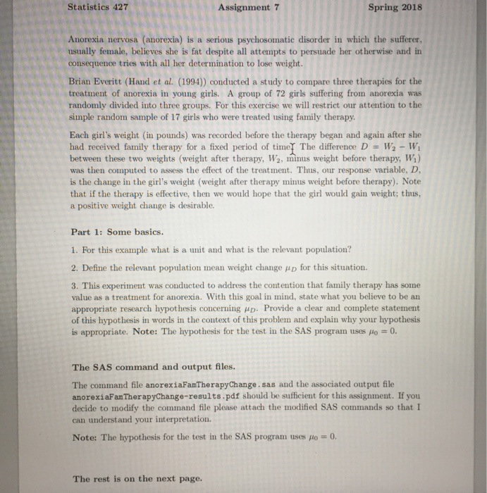 Solved Statistics 427 Assignment 7 Spring 2018 Anorexia Chegg