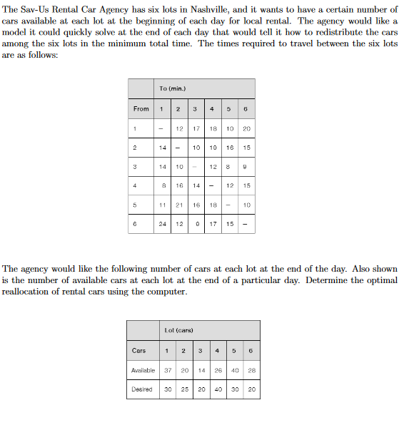Solved The SavUs Rental Car Agency has six lots in