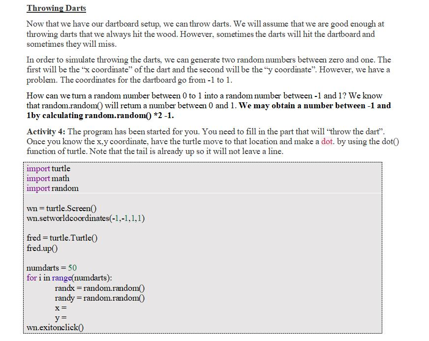 Solved Throwing Darts Now that we have our dartboard setup, | Chegg.com