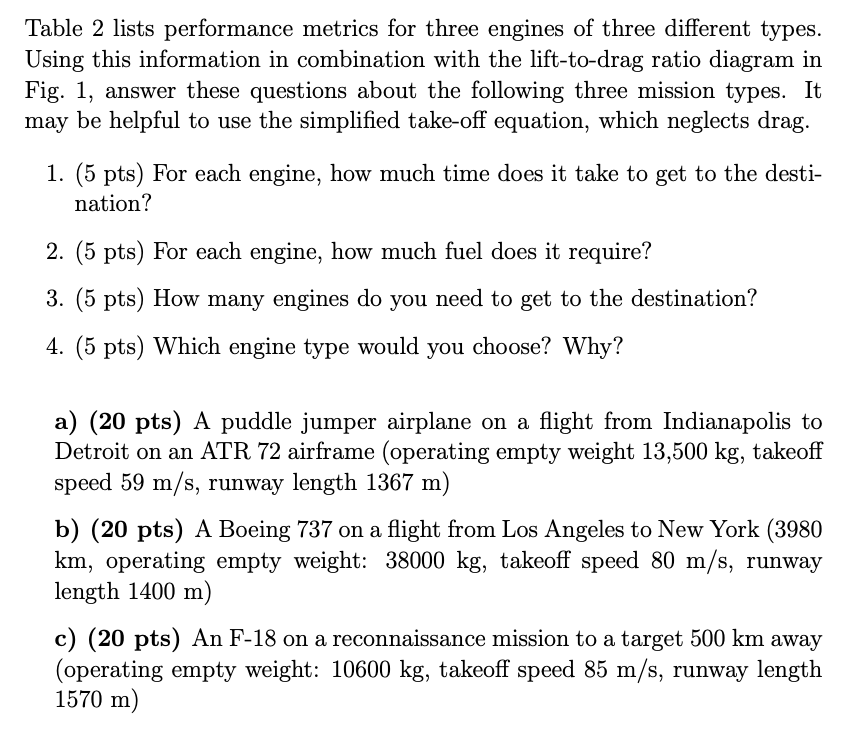 Table 2 lists performance metrics for three engines | Chegg.com