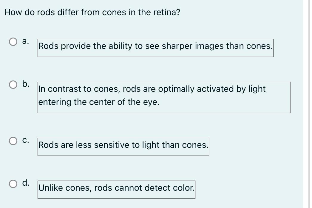 Solved How do rods differ from cones in the retina? a. Rods