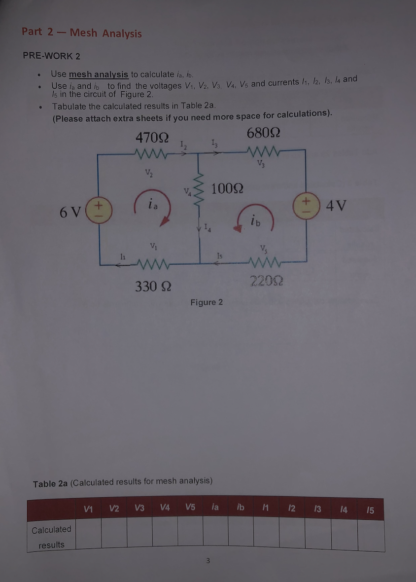 Solved Part 2 - Mesh Analysis PRE-WORK 2 - Use Mesh Analysis | Chegg.com