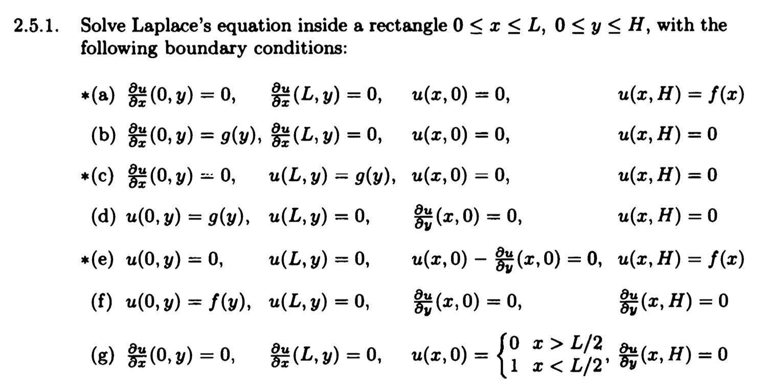 5.1. Solve Laplaces equation inside a rectangle \( 0 \leq x \leq L, 0 \leq y \leq H \), with the following boundary conditio