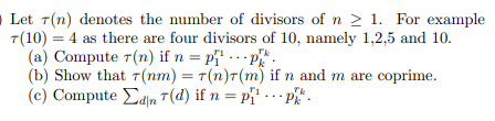 Solved Let t(n) denotes the number of divisors of n > 1. For | Chegg.com
