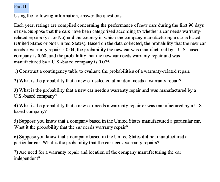 Solved Part II Using the following information, answer the | Chegg.com