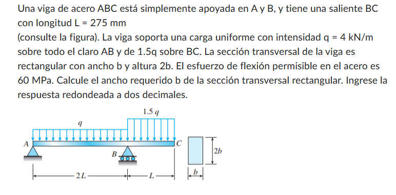 Una viga de acero \( A B C \) está simplemente apoyada en \( A \) y \( B \), y tiene una saliente \( B C \) con longitud \( \