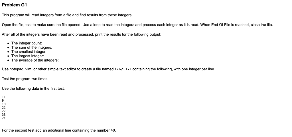 Solved Problem G1 This program will read integers from a | Chegg.com