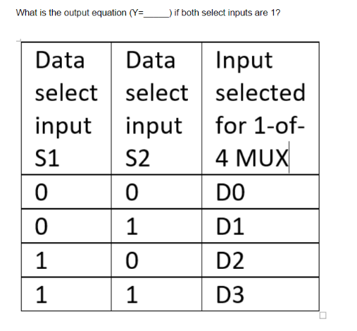 Solved What is the output equation (Y= ) if both select | Chegg.com