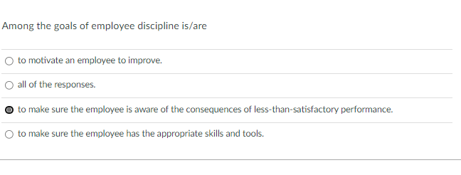 Solved Among the goals of employee discipline is/are to | Chegg.com