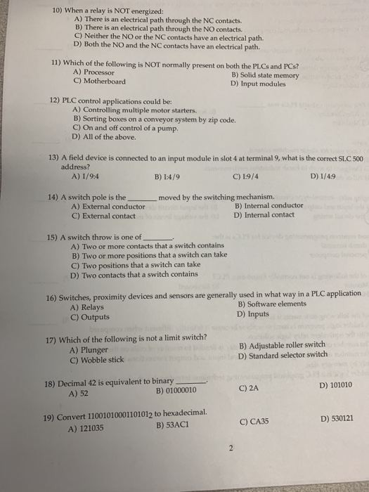 Solved 10) When a relay is NOT energized A) There is an