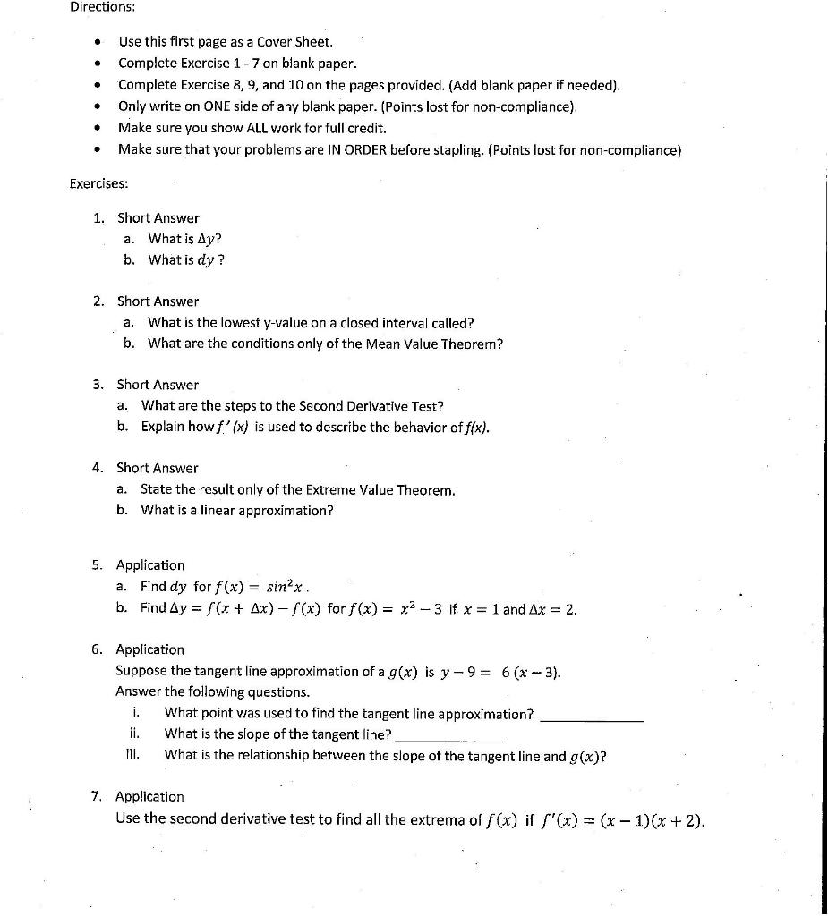 Solved Directions: - Use this first page as a Cover Sheet. - | Chegg.com