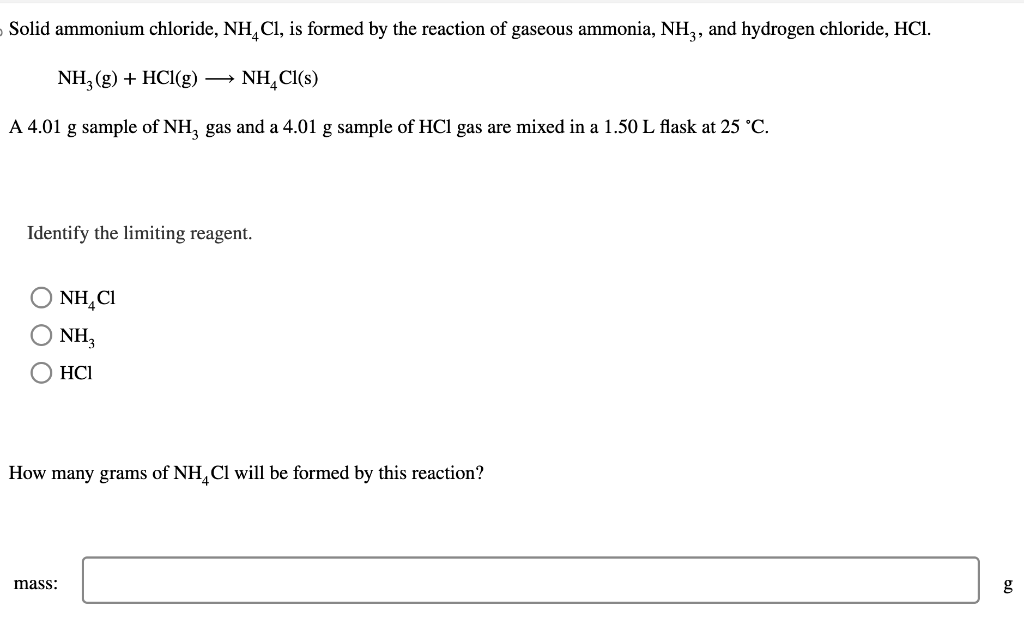 Solved NH3( g)+HCl(g) NH4Cl(s) A 4.01 g sample of NH3 gas | Chegg.com