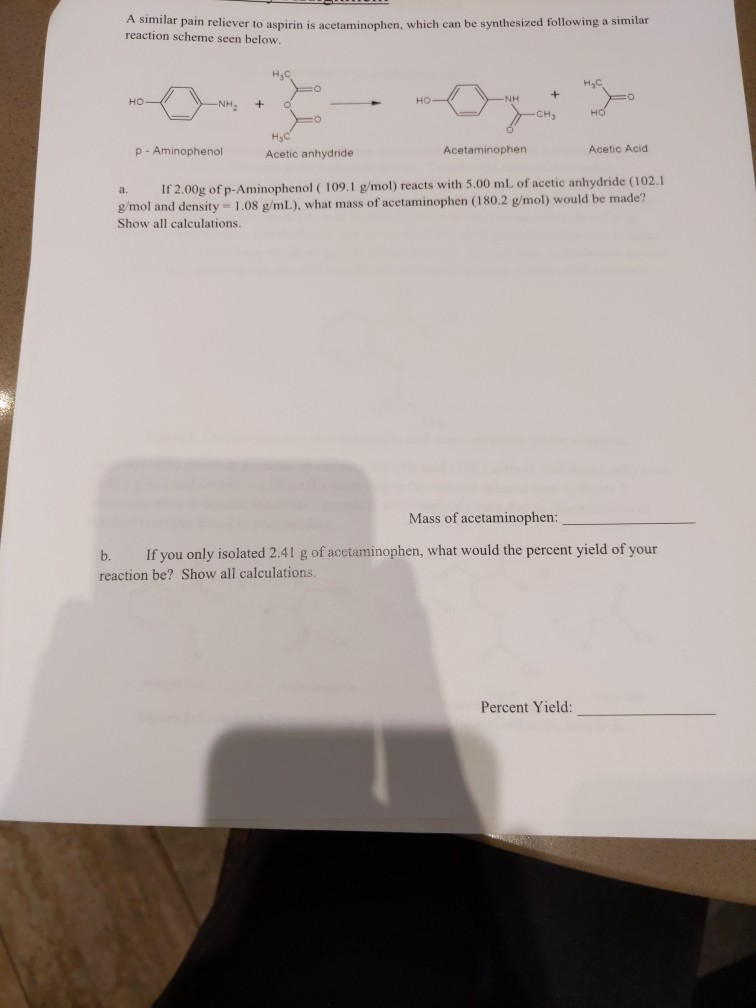 Solved A similar pain reliever to aspirin is acetaminophen,