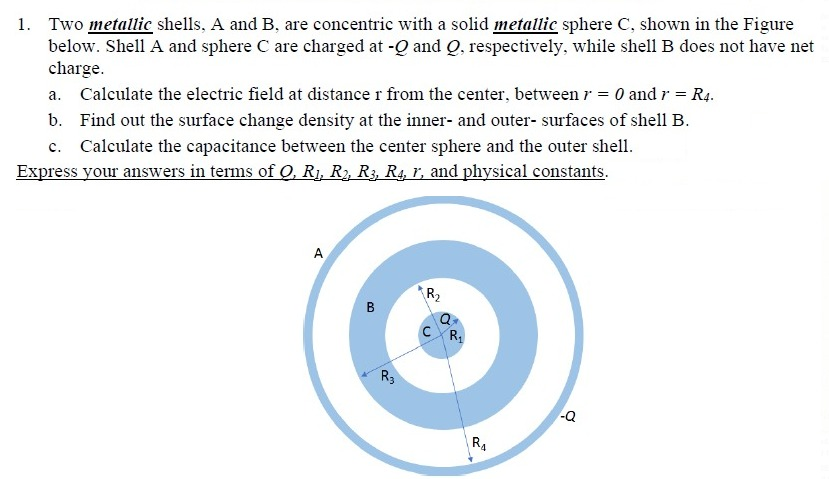 Solved 1. Two metallic shells, A and B are concentric with a | Chegg.com