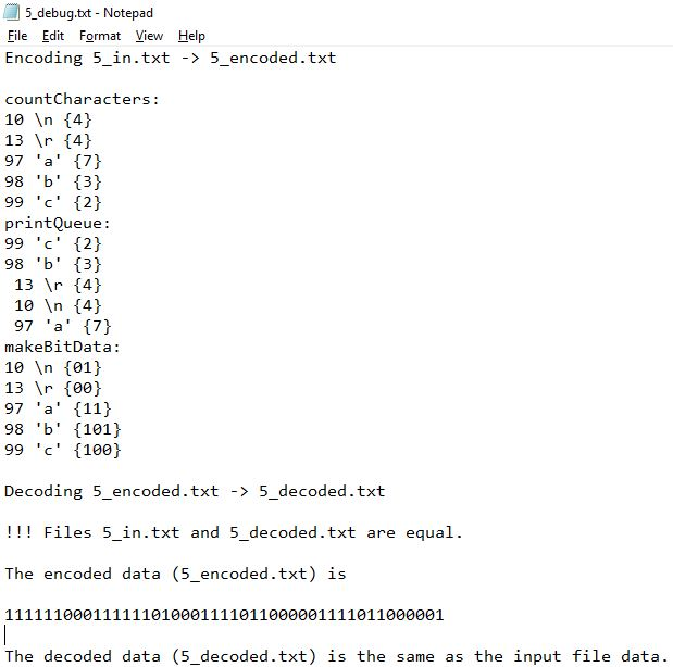 5_debug.txt Notepad File Edit Format View Help Encoding 5_in.txt -> 5_encoded . txt countCharacters: 10 n 4 13 r 4) 97 a 7)