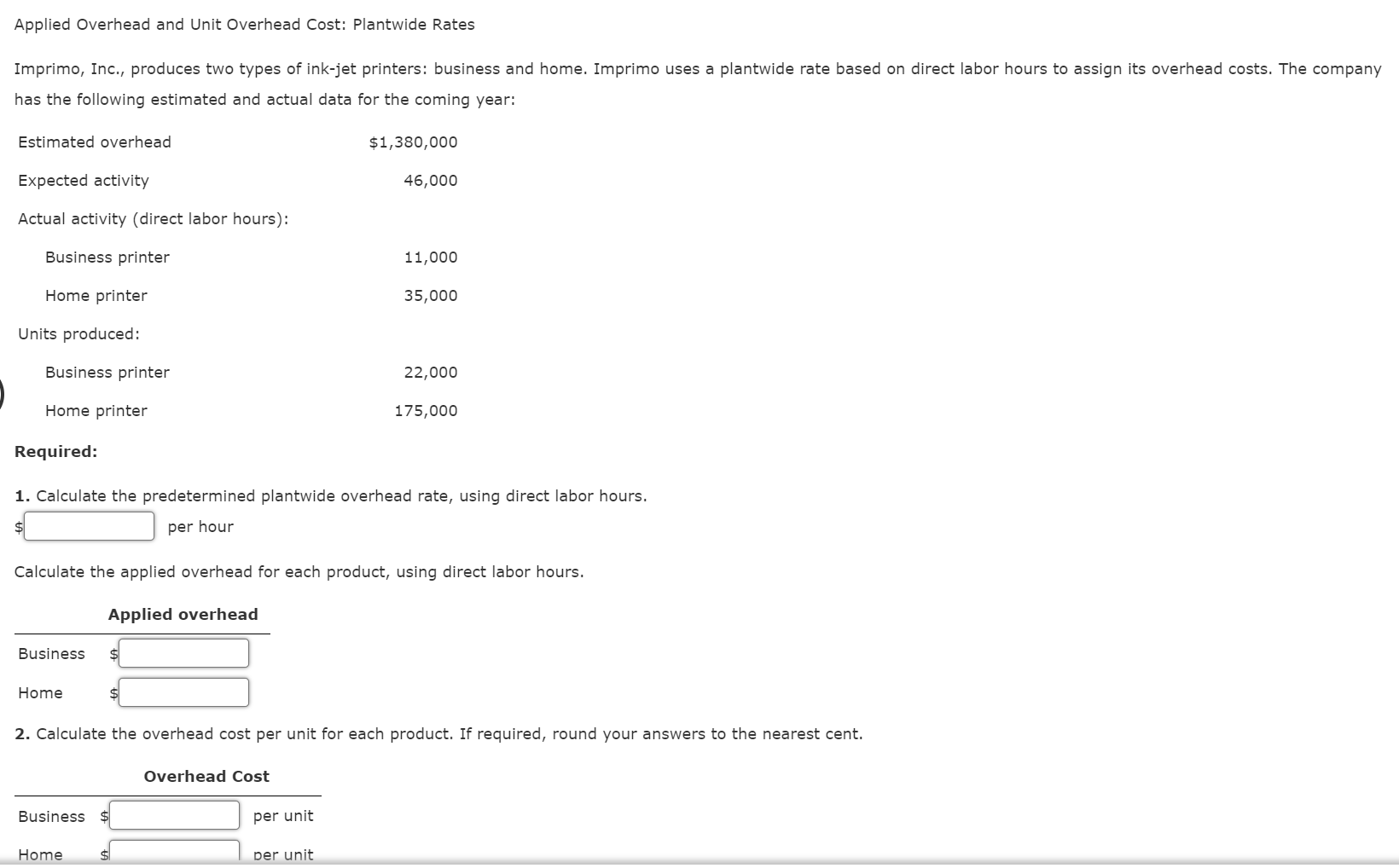 Solved Applied Overhead and Unit Overhead Cost: Plantwide | Chegg.com