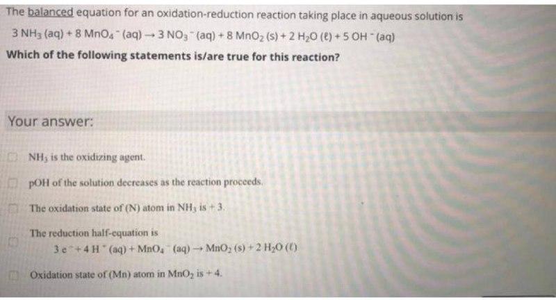 Solved The balanced equation for an oxidation-reduction | Chegg.com