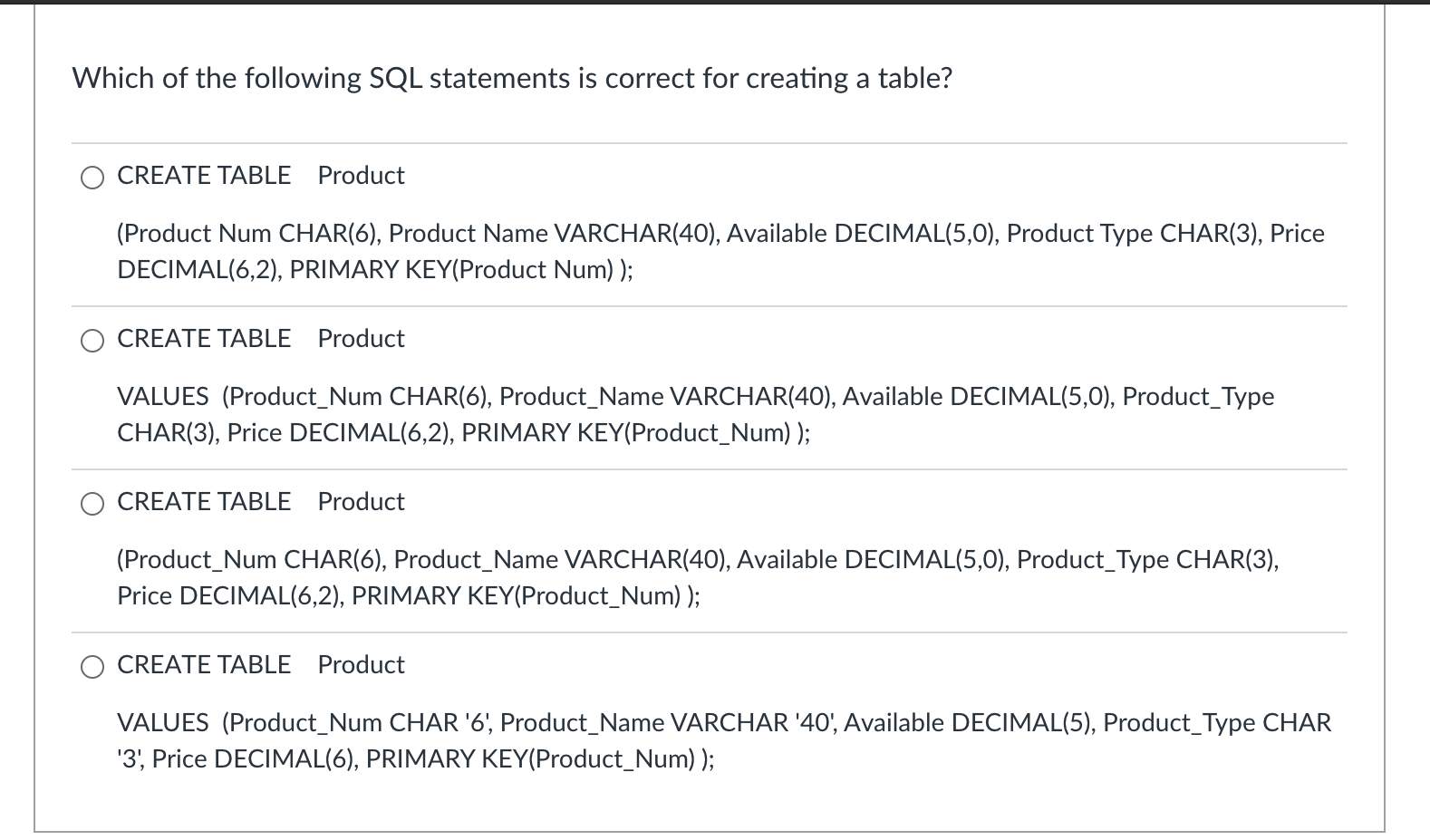 Solved Which of the following SQL statements is correct for | Chegg.com