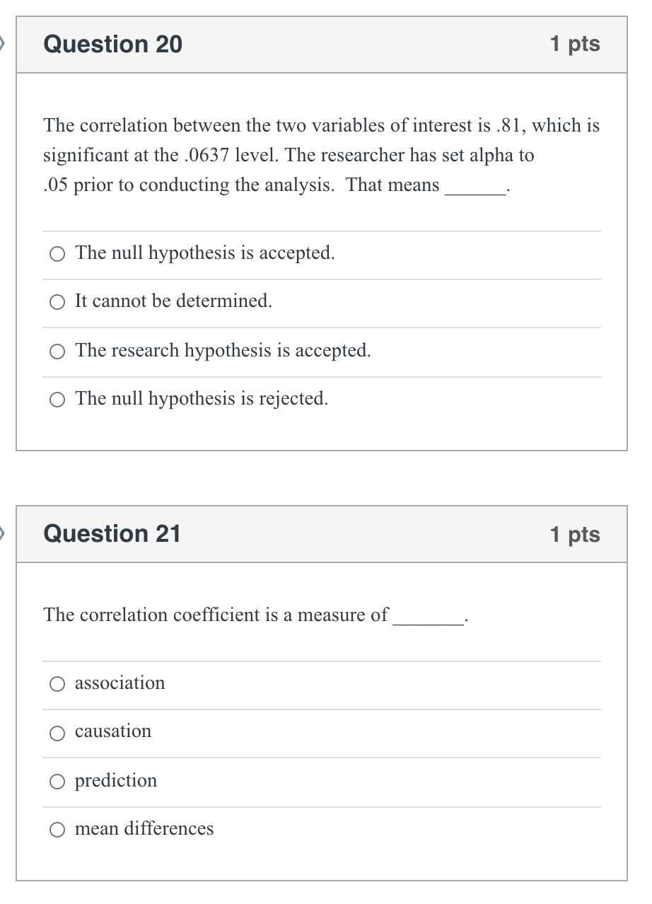 Solved Question 1 1 pts A researcher is looking at the | Chegg.com