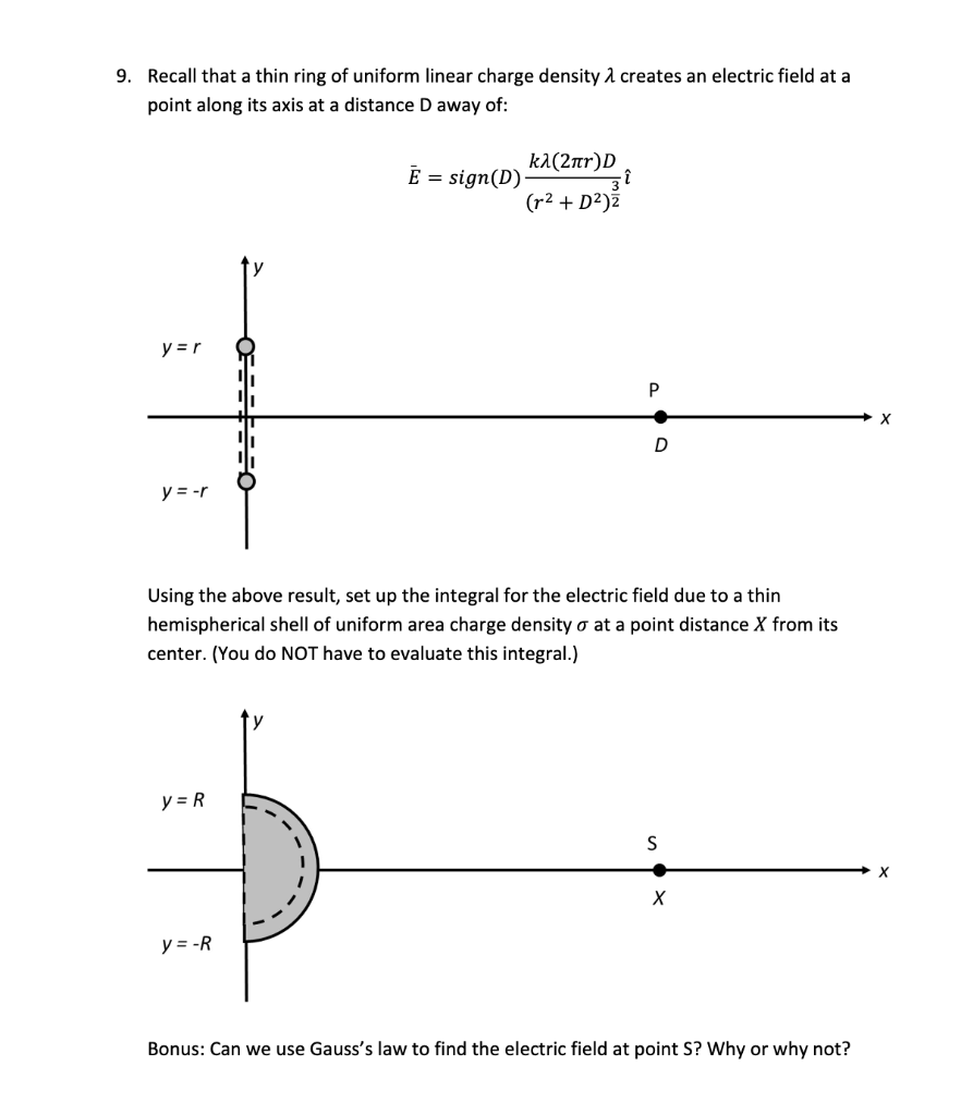 Solved 9. Recall that a thin ring of uniform linear charge | Chegg.com