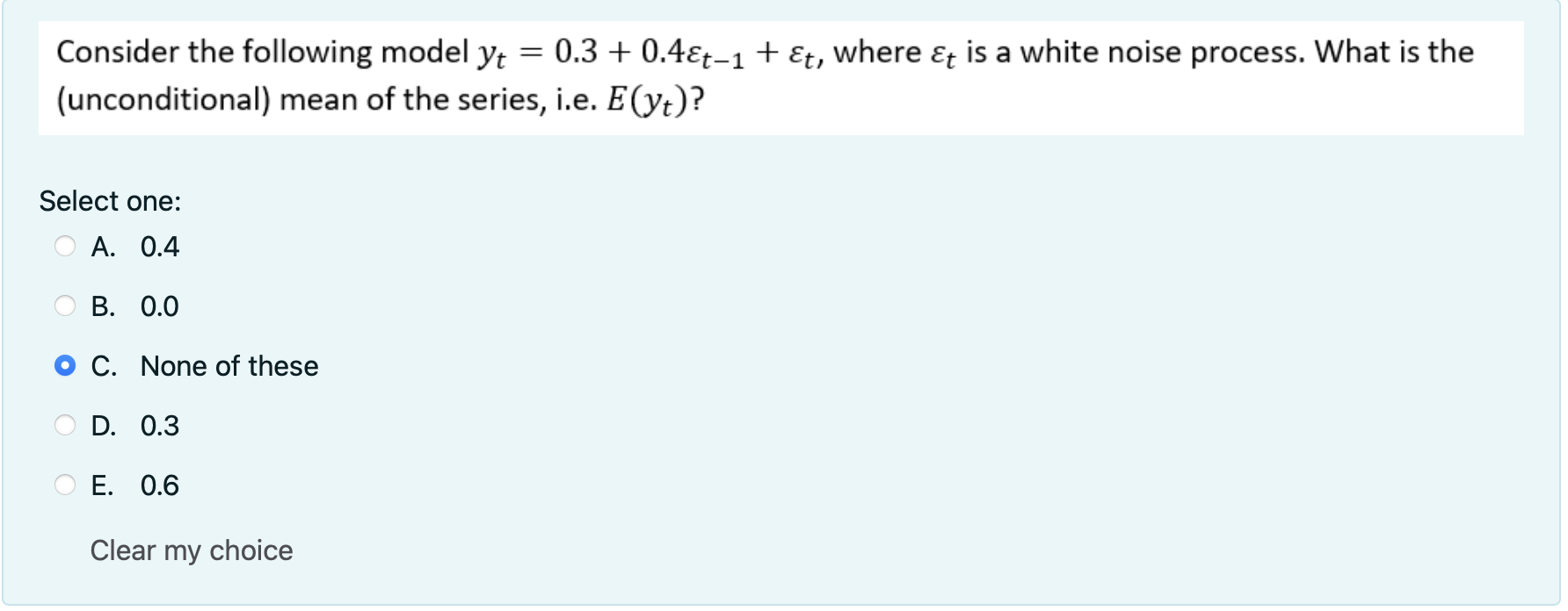 Solved = Consider The Following Model Yt 0.3 + 0.4&t-1 + εt, | Chegg.com