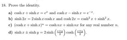 Solved Prove The Identity A Coshx Sinhx Ex And Chegg Com