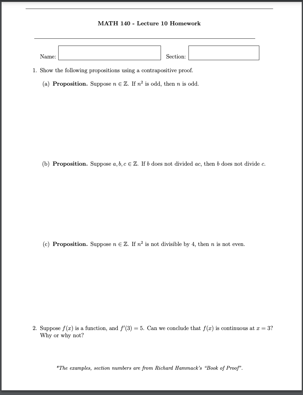 Solved MATH 140 - Lecture 10 Homework Name: Section: 1. Show | Chegg.com