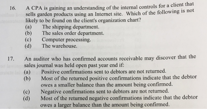 Solved that 16. A CPA is gaining an understanding of the | Chegg.com