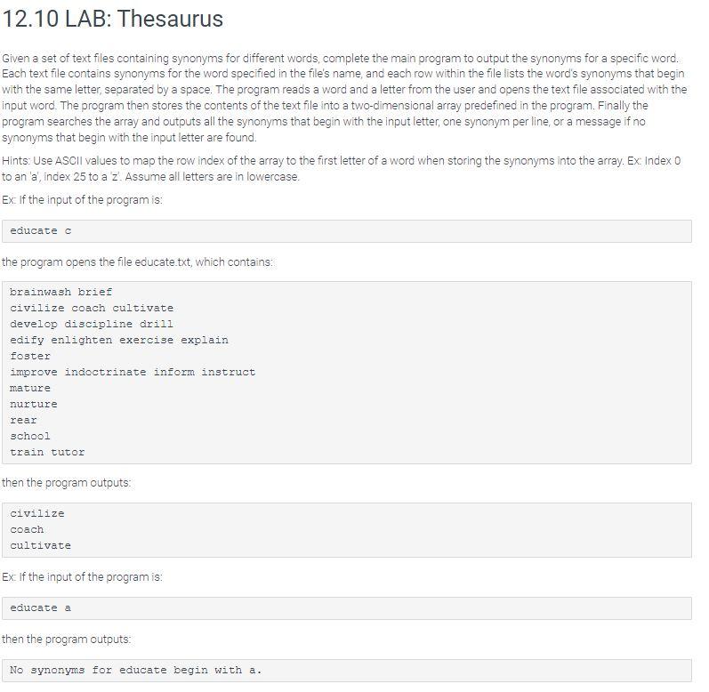 Solved 12.10 LAB Thesaurus Given a set of text files