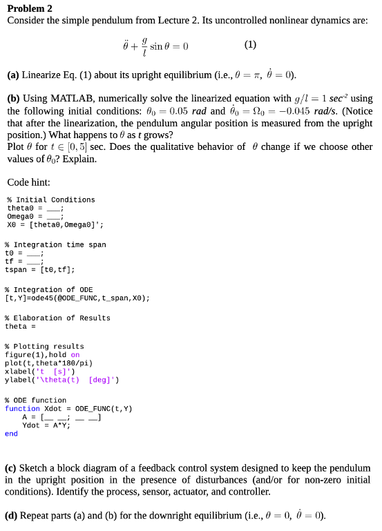 Problem Consider The Simple Pendulum From Lecture Chegg Com