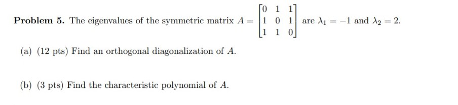Solved Problem 5. The eigenvalues of the symmetric matrix A= | Chegg.com