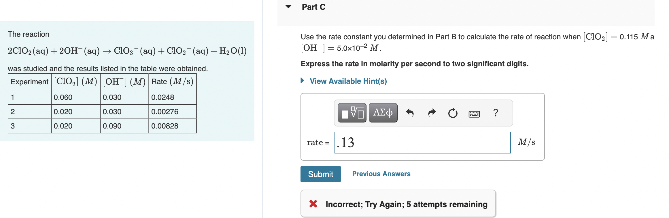 Solved The reaction Use the rate constant you determined in | Chegg.com