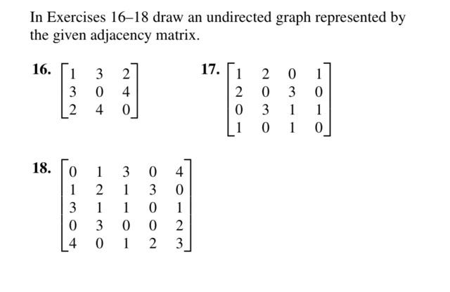 In Exercises 16-18 draw an undirected graph represented by the given adjacency matrix.
16. \( \left[\begin{array}{lll}1 & 3 &