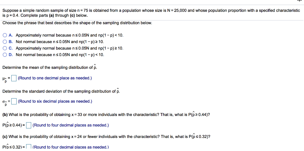 Solved Suppose a simple random sample of size n = 75 is | Chegg.com